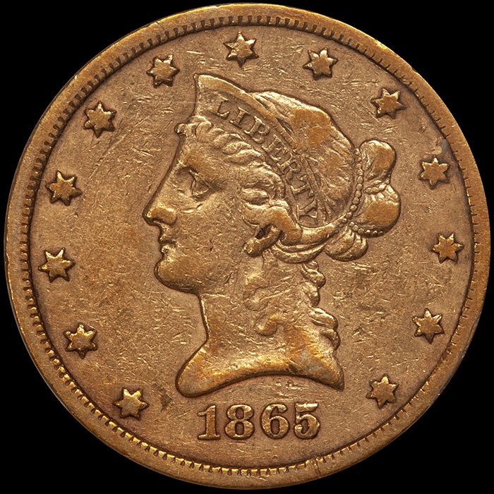Eagle. 1865-S $10 gold coin. PCGS VF25.