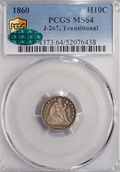 Half Dime, Pattern. 1860 J-267, transitional H10C. PCGS MS64 CAC.