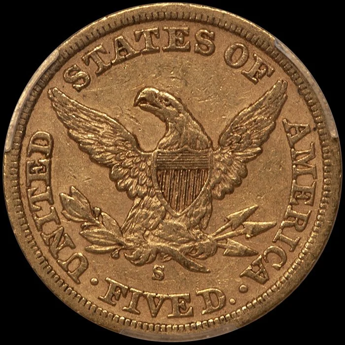 Half Eagle. 1862-S San Francisco $5 gold coin. PCGS AU53.