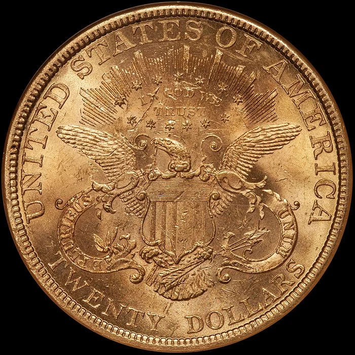 Double Eagle. 1877 $20.00 gold coin. NGC MS63.