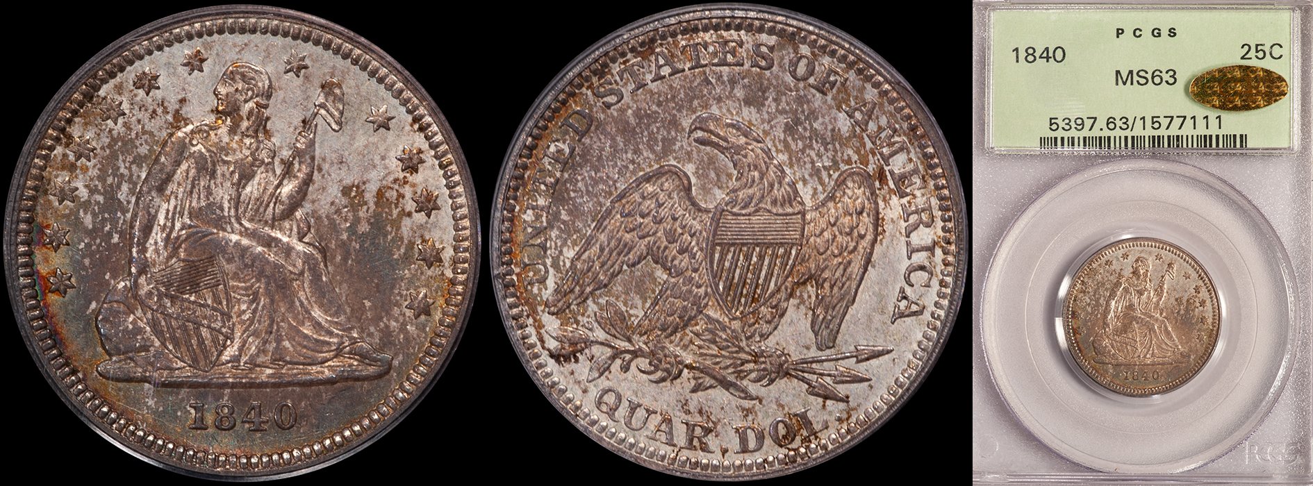 JUST ADDED - 25C - 1840 DRAPERY PCGS MS63, CAC Gold, OGH