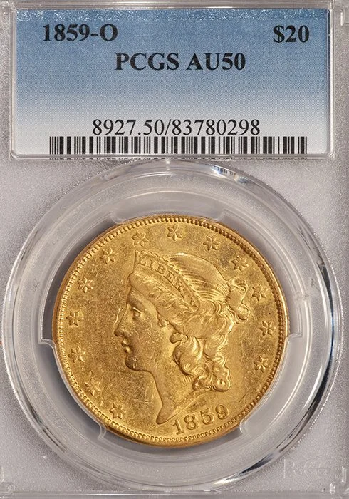 Double Eagle. 1859-O New Orleans $20.00 gold coin. PCGS AU50.