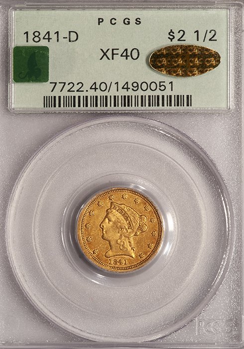 Quarter Eagle. 1841-D Dahlonega $2.50 gold coin. PCGS EF40, CAC Gold. OGH.
