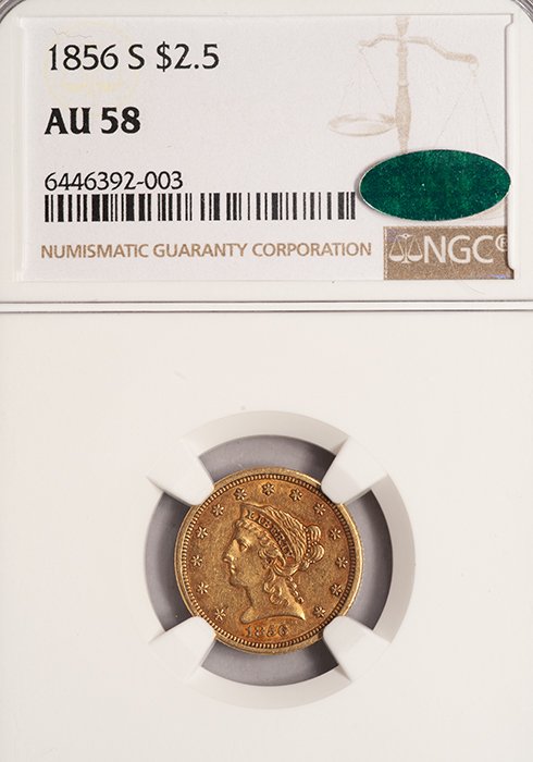 Quarter Eagle. 1856-S San Francisco $2.50 gold coin. NGC AU58 CAC.