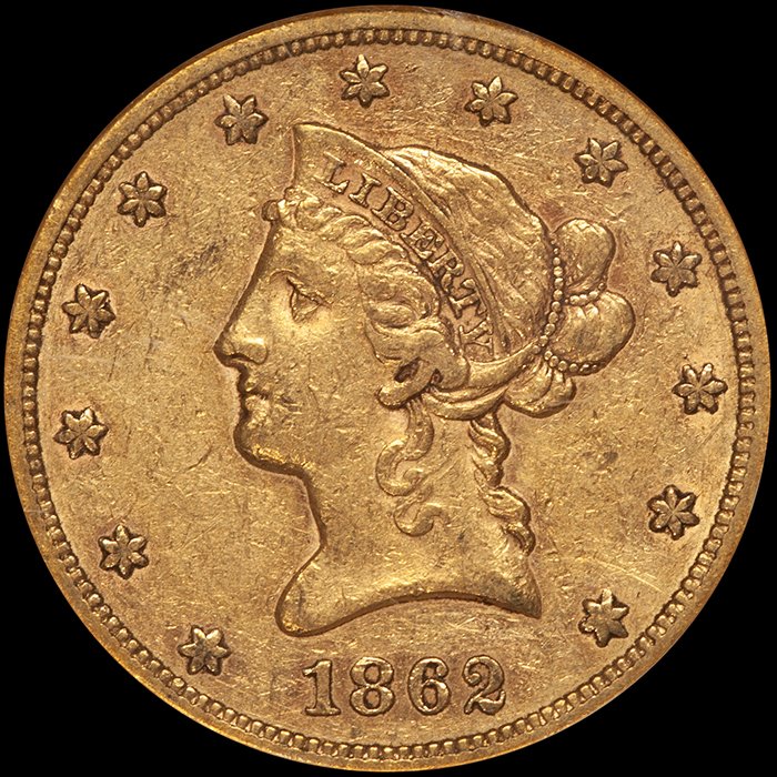 Eagle. 1862 $10 gold coin. NGC EF40 CAC.