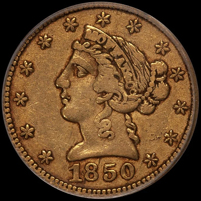 Half Eagle. 1850 Moffat $5 gold coin. PCGS EF45 CAC.
