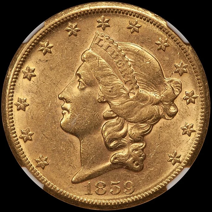 Double Eagle. 1859-S San Francisco $20 gold coin. NGC AU58.