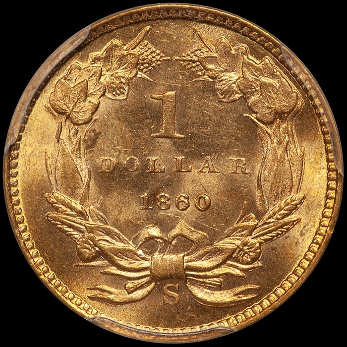 Gold Dollar. 1860-S San Francisco $1 gold coin. PCGS MS64.