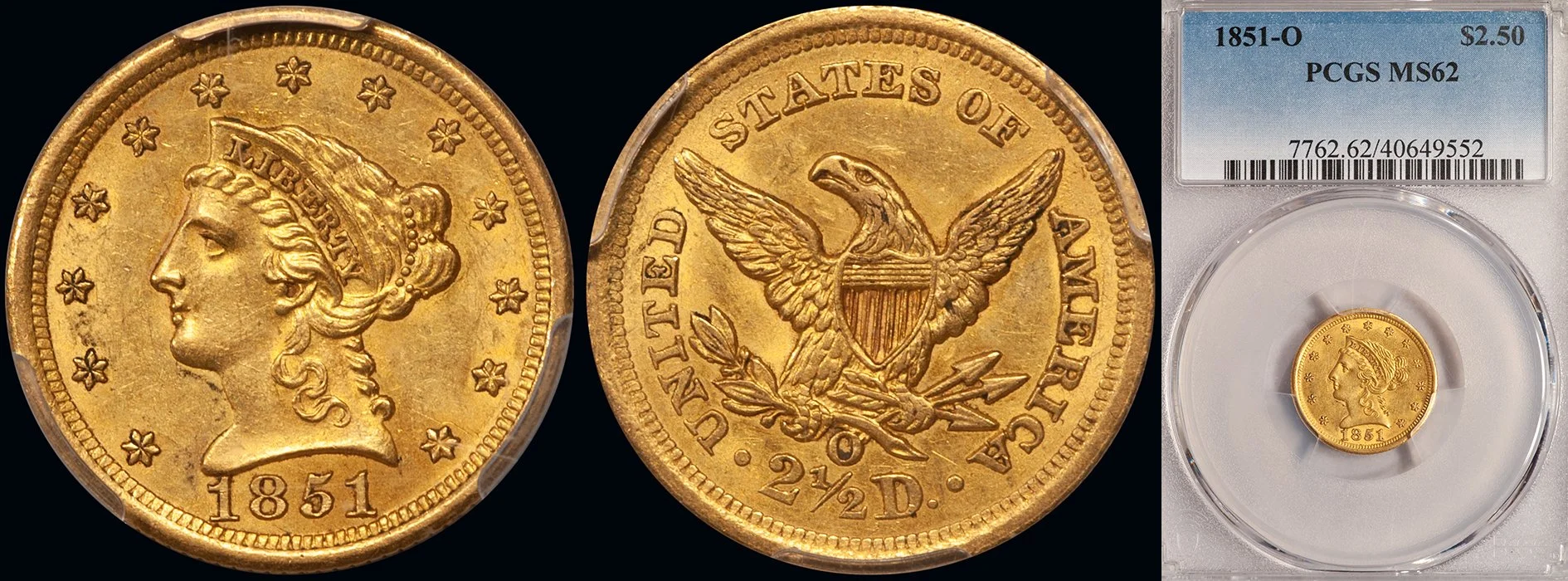 Quarter Eagle. 1851-O New Orleans gold coin. PCGS MS62.
