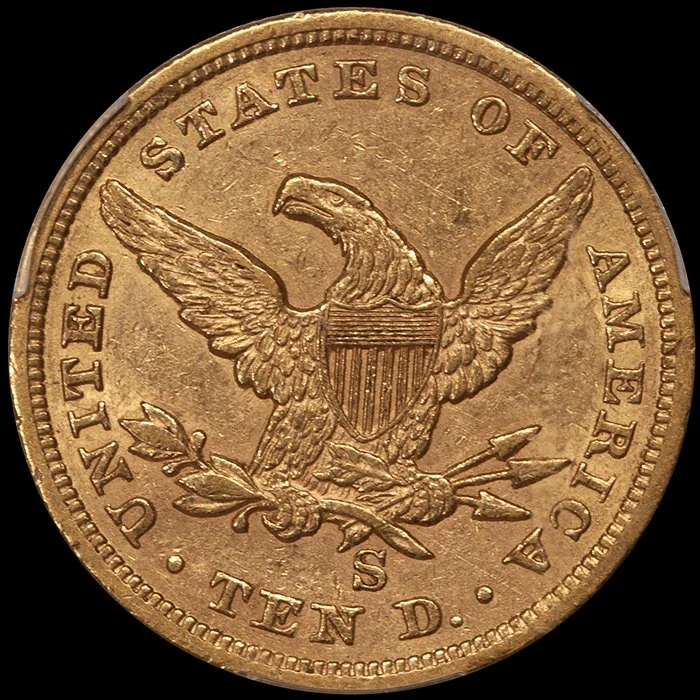 Eagle. 1859-S San Francisco $10 gold coin. PCGS AU55 CAC.