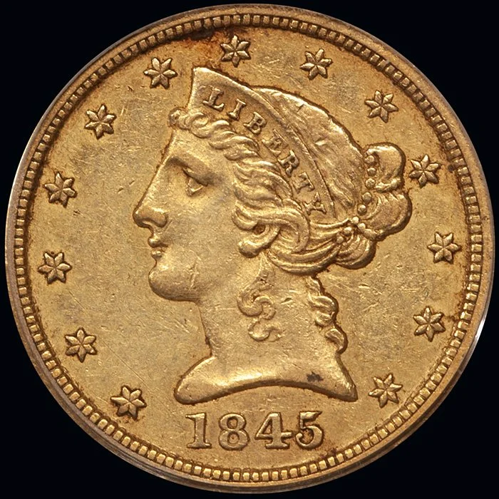 Half Eagle. 1845-O New Orleans $5 gold coin. PCGS EF45.
