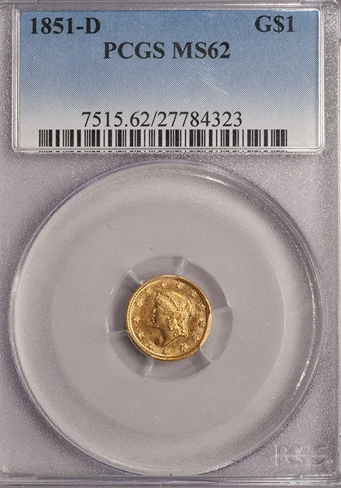 Gold Dollar. 1851-D Dahlonega $1.00 gold coin. PCGS MS62.