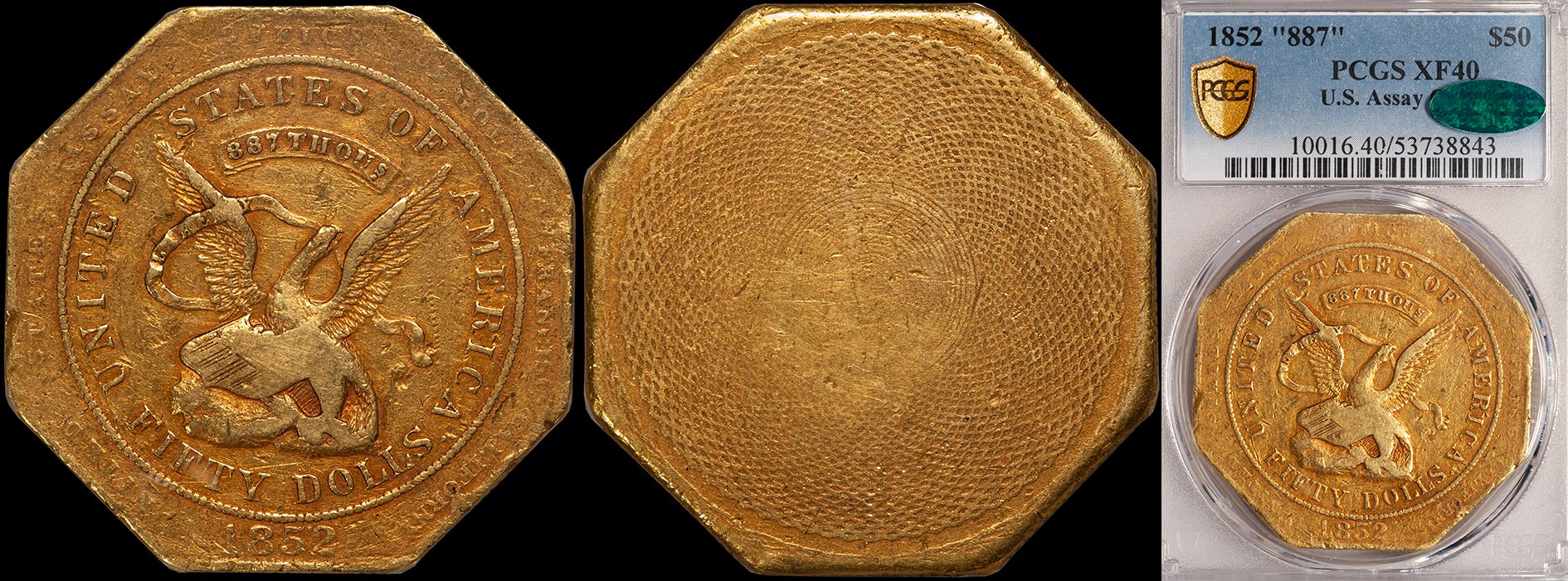 US Assay $50.00. 1852 "887" gold coin. PCGS EF40 CAC.