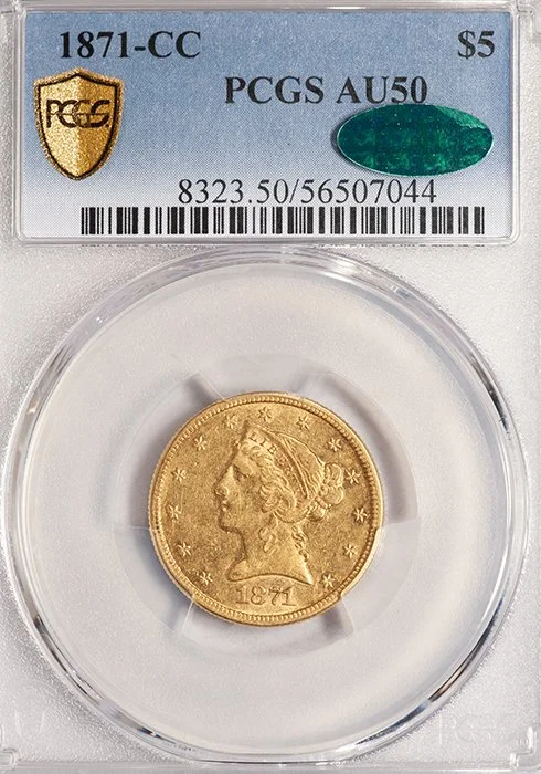 Half Eagle. 1871-CC Carson City $5 gold coin. PCGS AU50 CAC.