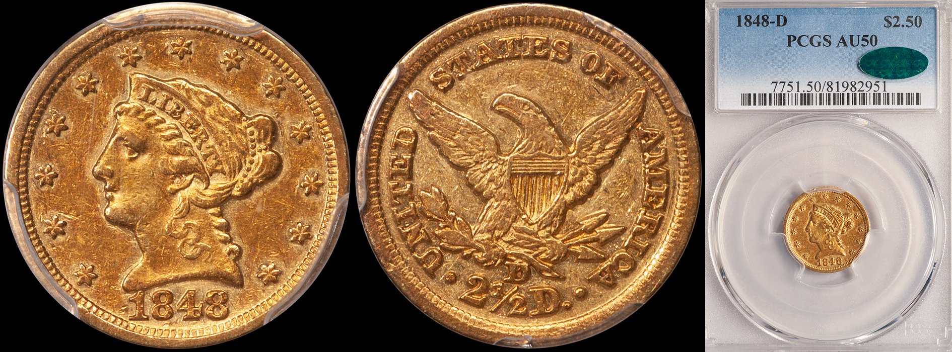 Quarter Eagle. 1848-D Dahlonega $2.50 gold coin. PCGS AU50 CAC.