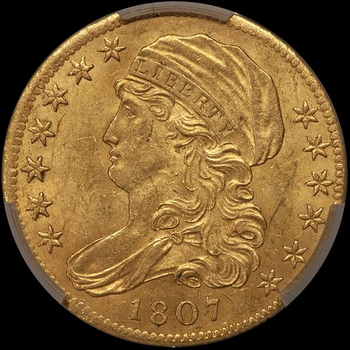 Half Eagle. 1807 Capped Bust Left $5 gold coin. CACG MS61. |