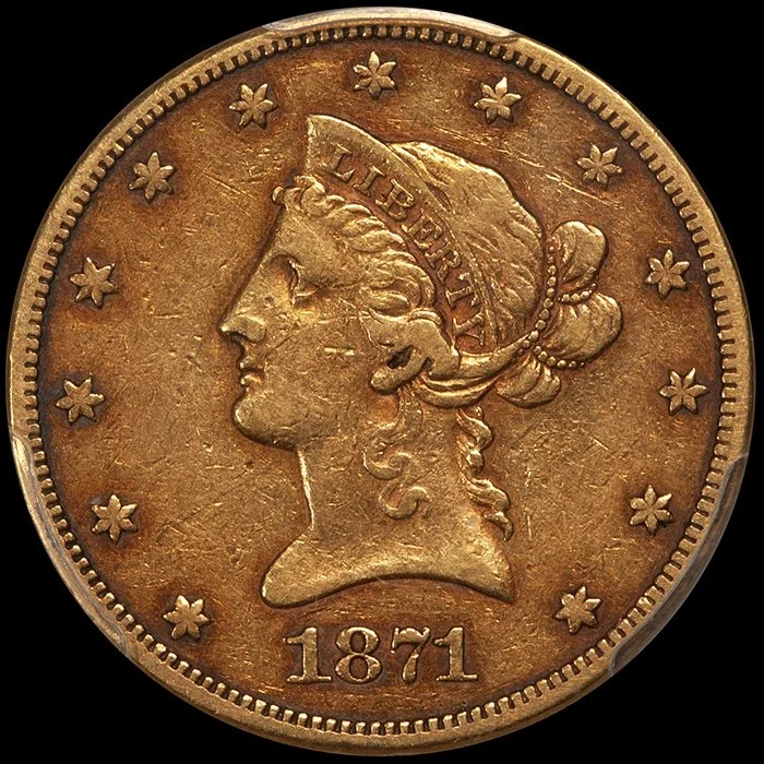 Eagle. 1871-CC Carson City $10 gold coin. PCGS VF30 CAC.