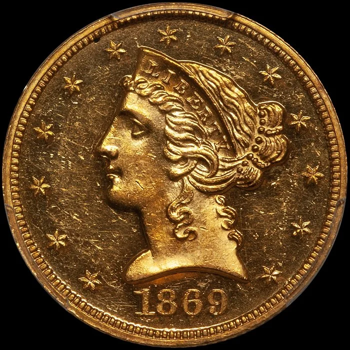 Half Eagle. 1869 Proof $5.00 gold coin. PCGS PR62CAM.