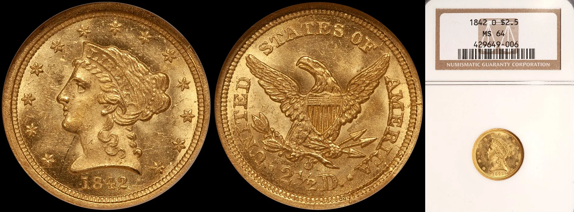 Quarter Eagle. 1842-O New Orleans $2.50 gold coin. NGC MS64.