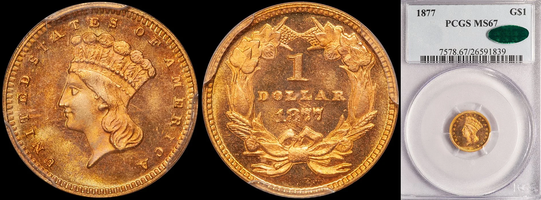 Gold Dollar. 1877 $1 gold coin. PCGS MS67 CAC.