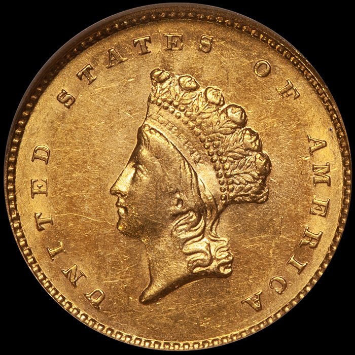 Gold Dollar. 1856-S San Francisco $1 gold coin. NGC MS61.