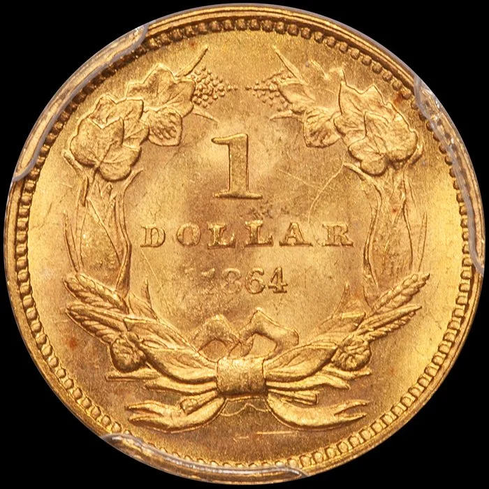 Gold Dollar. 1864 $1 gold coin. PCGS MS66 CAC.
