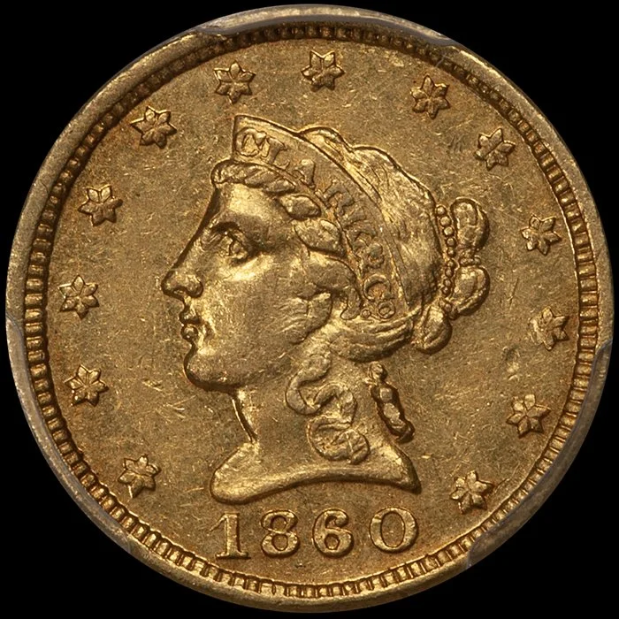 Quarter Eagle. 1860 Clark Gruber $2.50 gold coin. PCGS AU55 CAC.