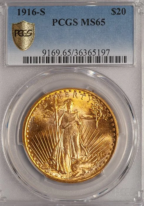 Double Eagle. 1916-S San Francisco $20 gold coin. PCGS MS65.
