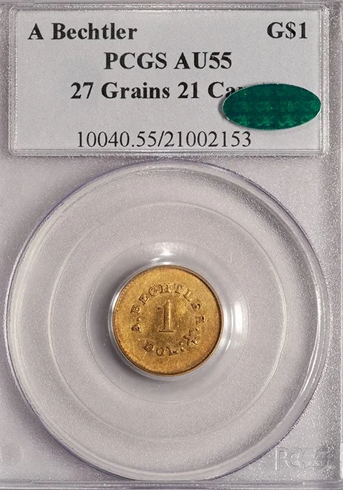 Gold Dollar. A. Bechtler $1 gold coin. PCGS AU55 CAC. 27gr. 21 c.