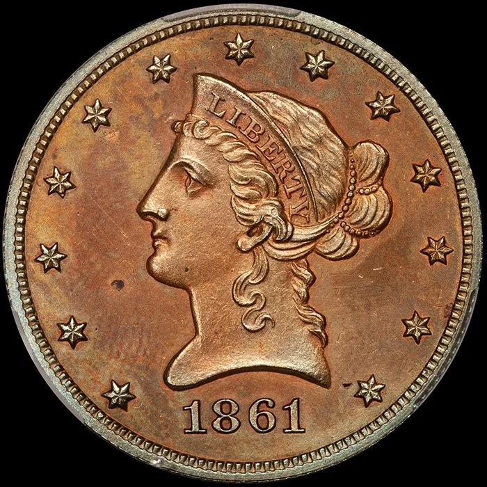 Eagle. 1861 J-287 pattern copper $10 gold coin. PR62BN CACG.