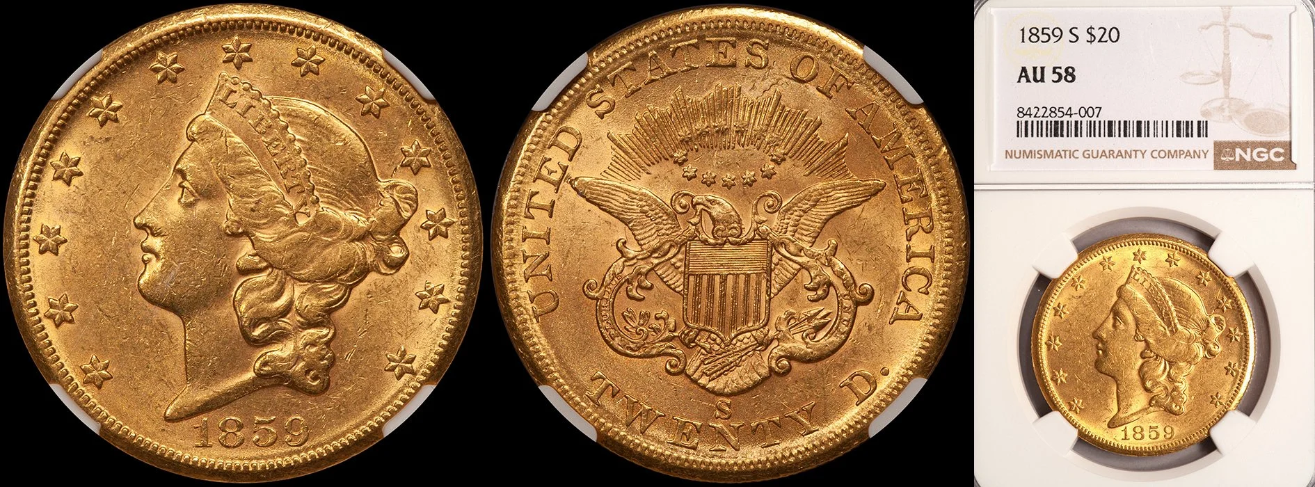JUST ADDED - $20.00 - 1859-S NGC AU58