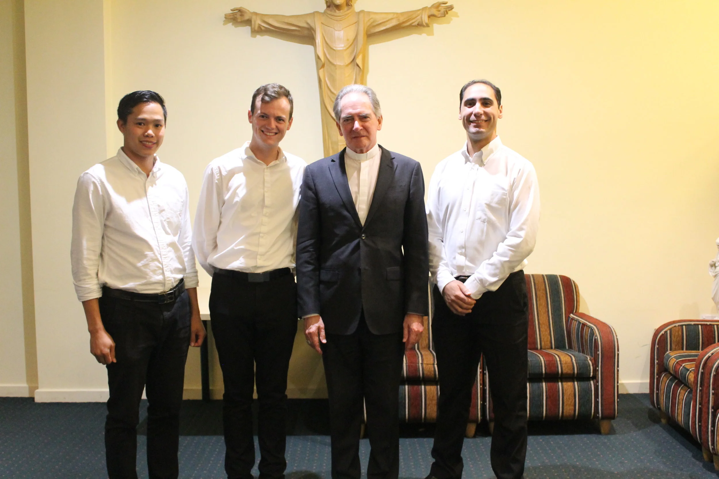 Bishop Paul Bird of Ballarat with his seminarians (from left to right), Peter Cay, Bill Lowry and Matthew Restall.&nbsp;