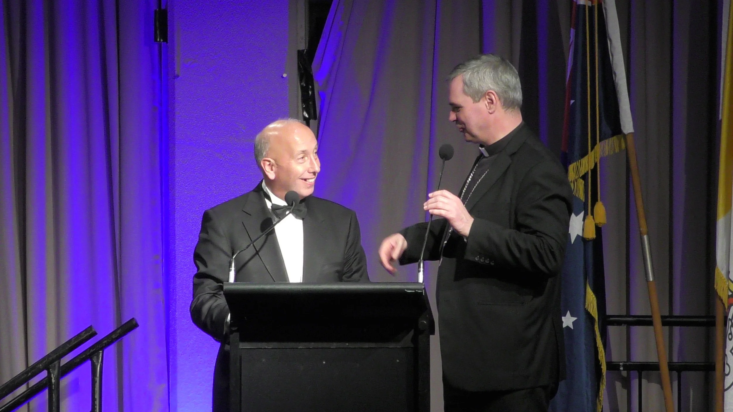 MC Shane Healy interviews Archbishop Peter. Picture: Andrew Vaccaro.