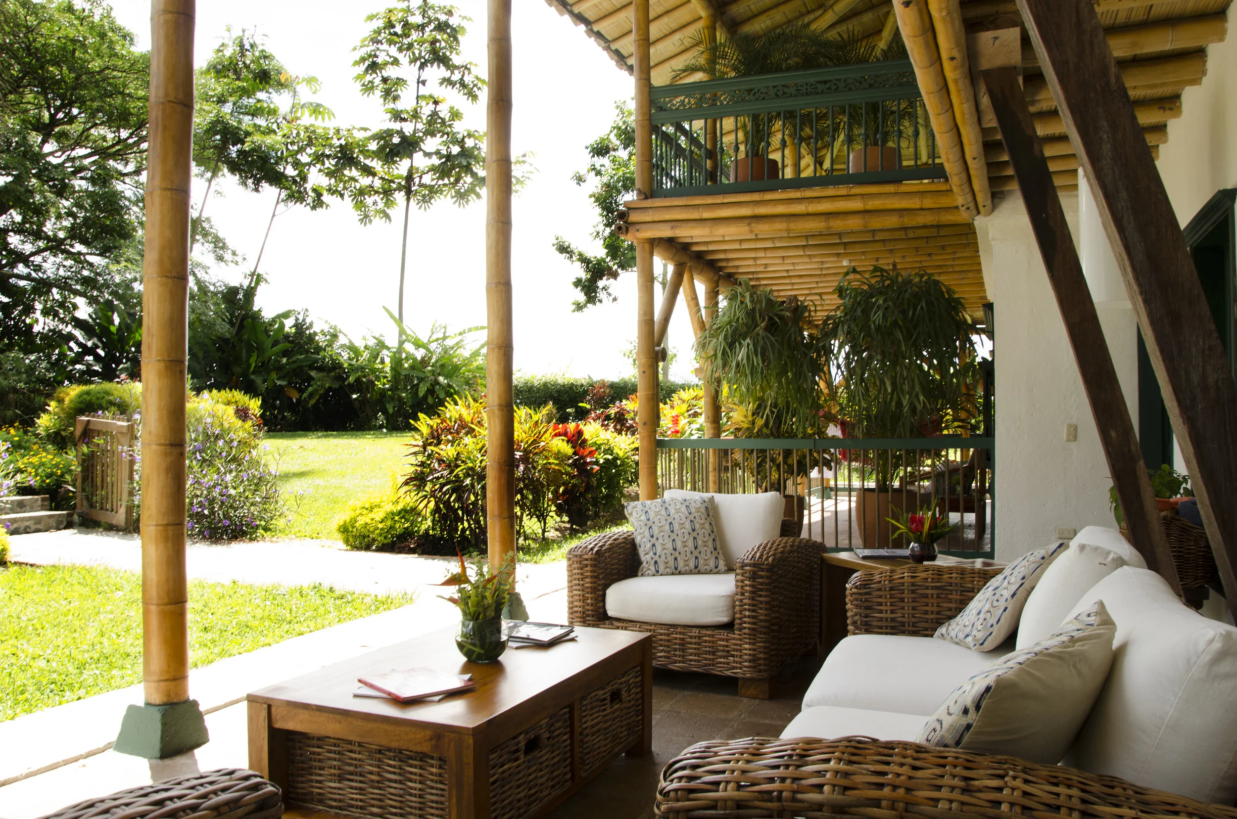 Spacious verandas & gardens surround every room at Hacienda Bambusa, which is built circling a central enclosed courtyard.