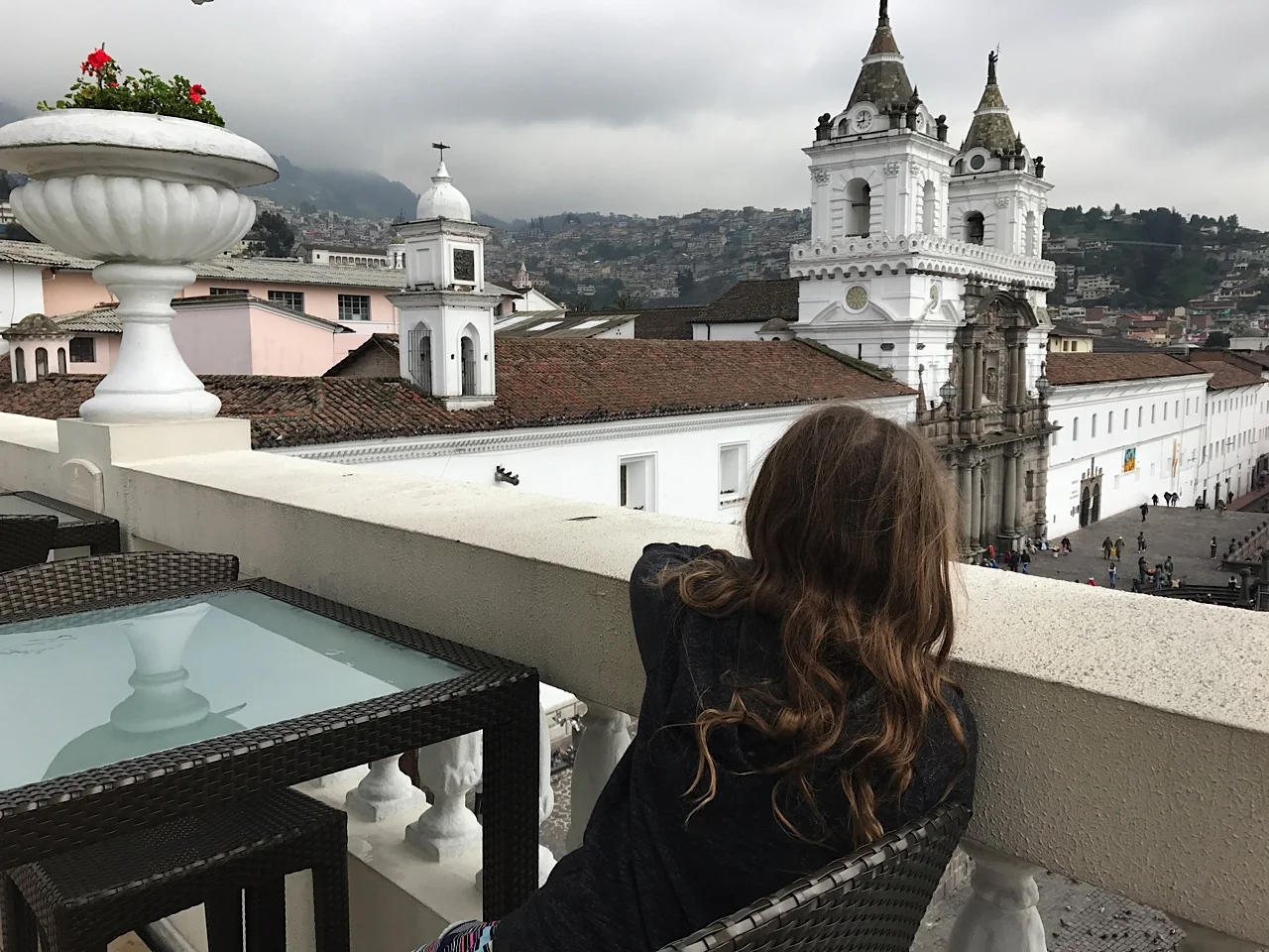 Views of the main square from the rooftop terrace at Casa Gangotena, Quito