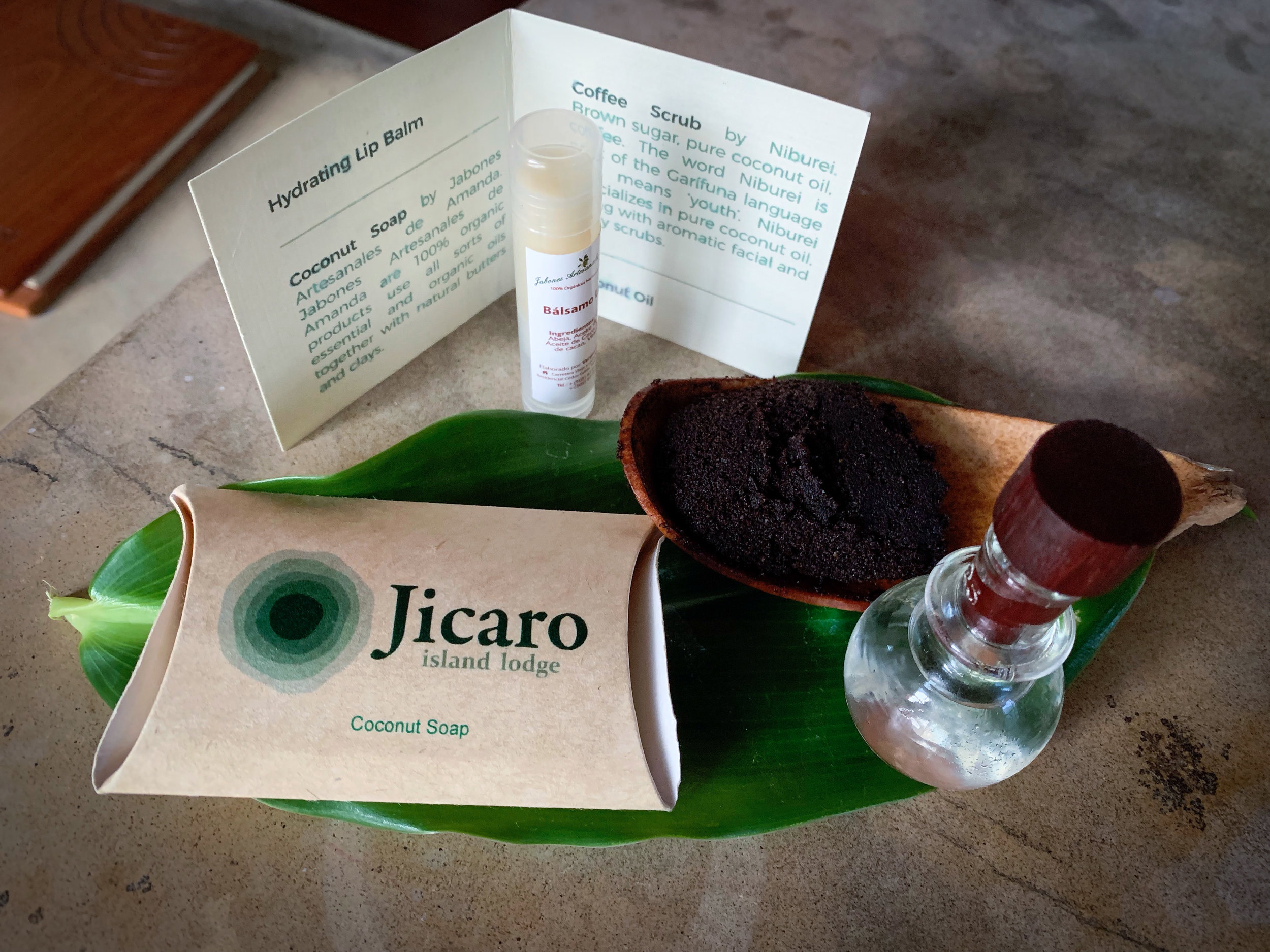 Welcome amenities handmade in Nicaragua. The coffee scrub is amazing!