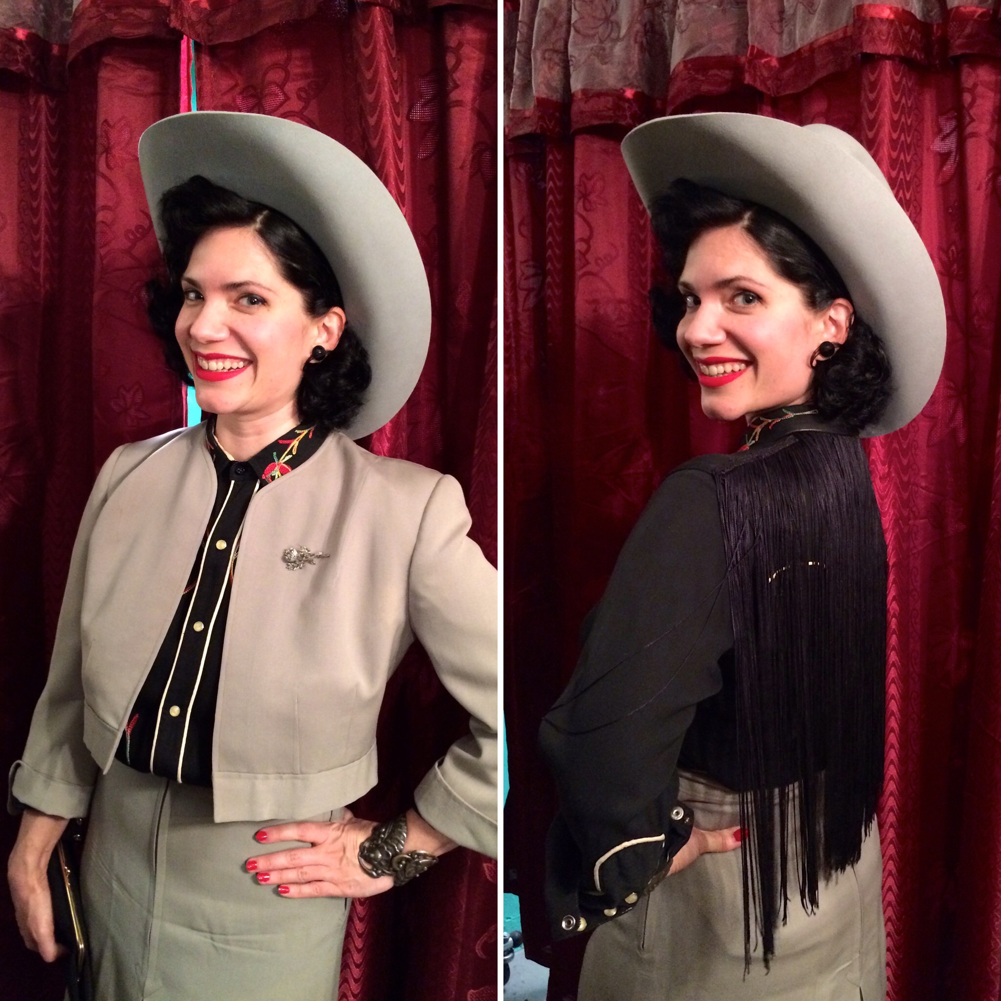 Eileen sporting a cowgirl look complete with a ten gallon hat and some serious fringe!