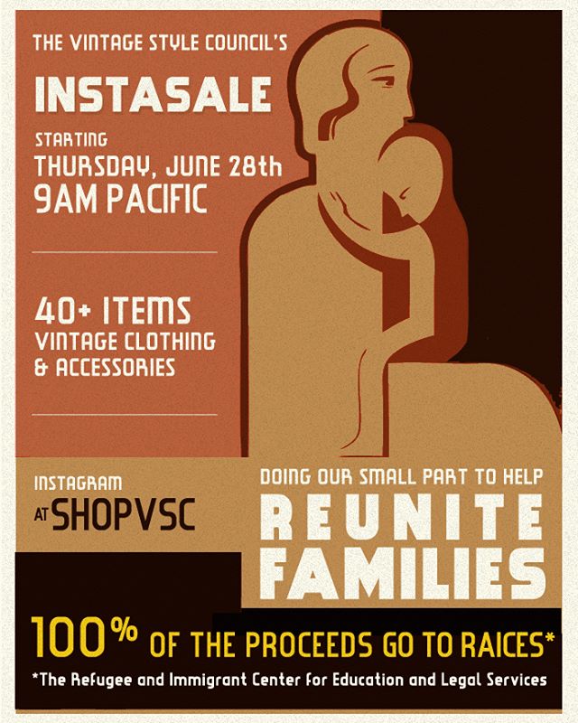 Hoping to do our small part, we’re supporting @raicestexas by holding a huge vintage fashion sale on Thursday, June 28th starting at 9am Pacific over @shopvsc . All of the items have been donated by members of @vintagestylecouncil and 100% of proceeds (minus shipping costs) will go directly to their organization. There will be 40+ quality items available at incredibly reasonable prices. Expect previews and a breakdown of the sale guidelines during the next couple days! Be sure to follow @shopvsc to stay updated! (Sale graphic based on original WPA poster from 1939 )