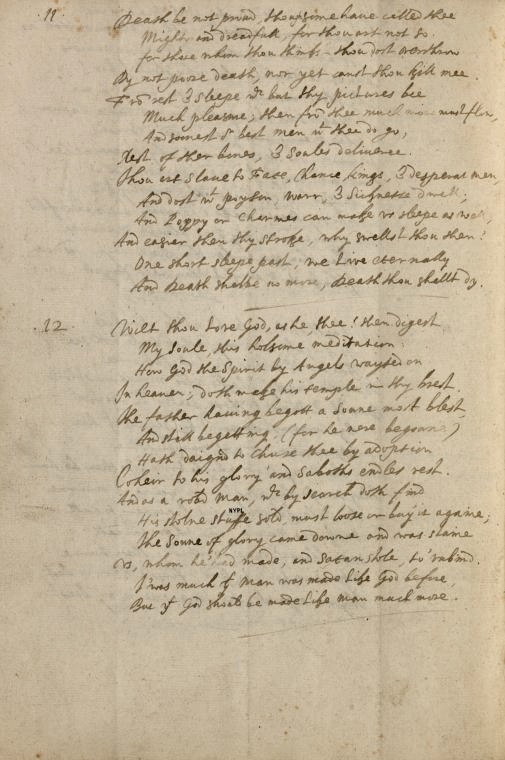 'Death be not proud' in Donne's handwriting (top half of the page) from the Westmoreland Manuscript of his works in the Berg Collection. c. 1620. From the New York Public Library.