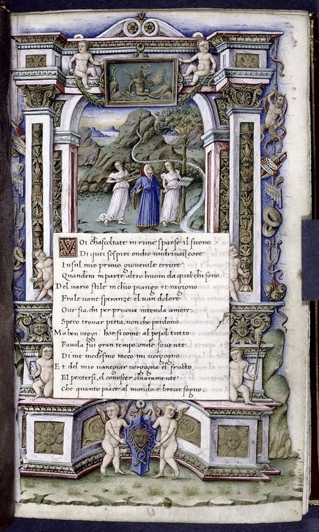 Petrarch (in blue) at the Fountain of Vaucluse, in France, near the abbey which was his favourite residence. From the New York Public Library