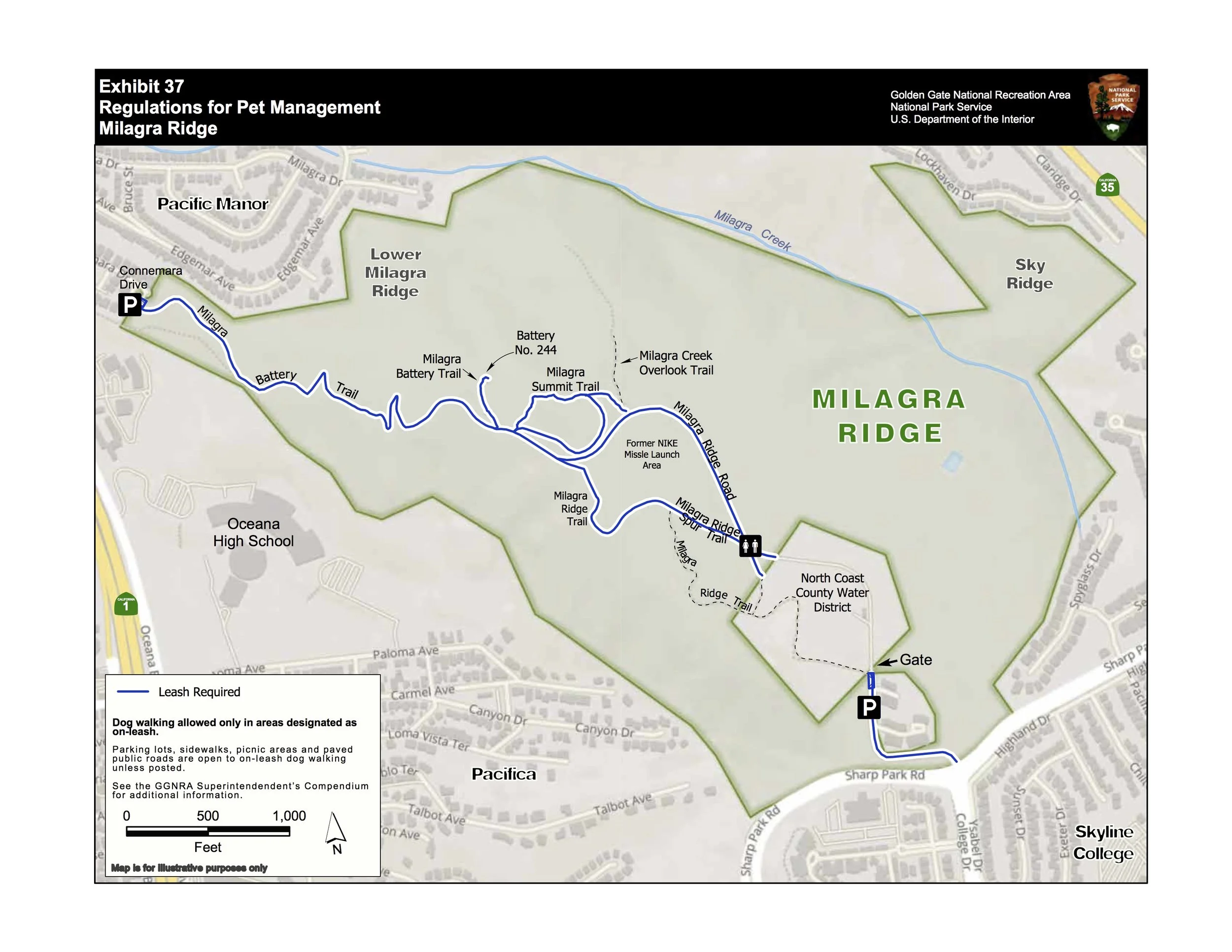 2019 Compendium map eliminating dog walking on the Milagra Creek Overlook Trail, part of the Milagra Ridge Trail, and part of Milagra Ridge Road. Dog owners would no longer be able to access Milagra Ridge from the park’s southern entrance.