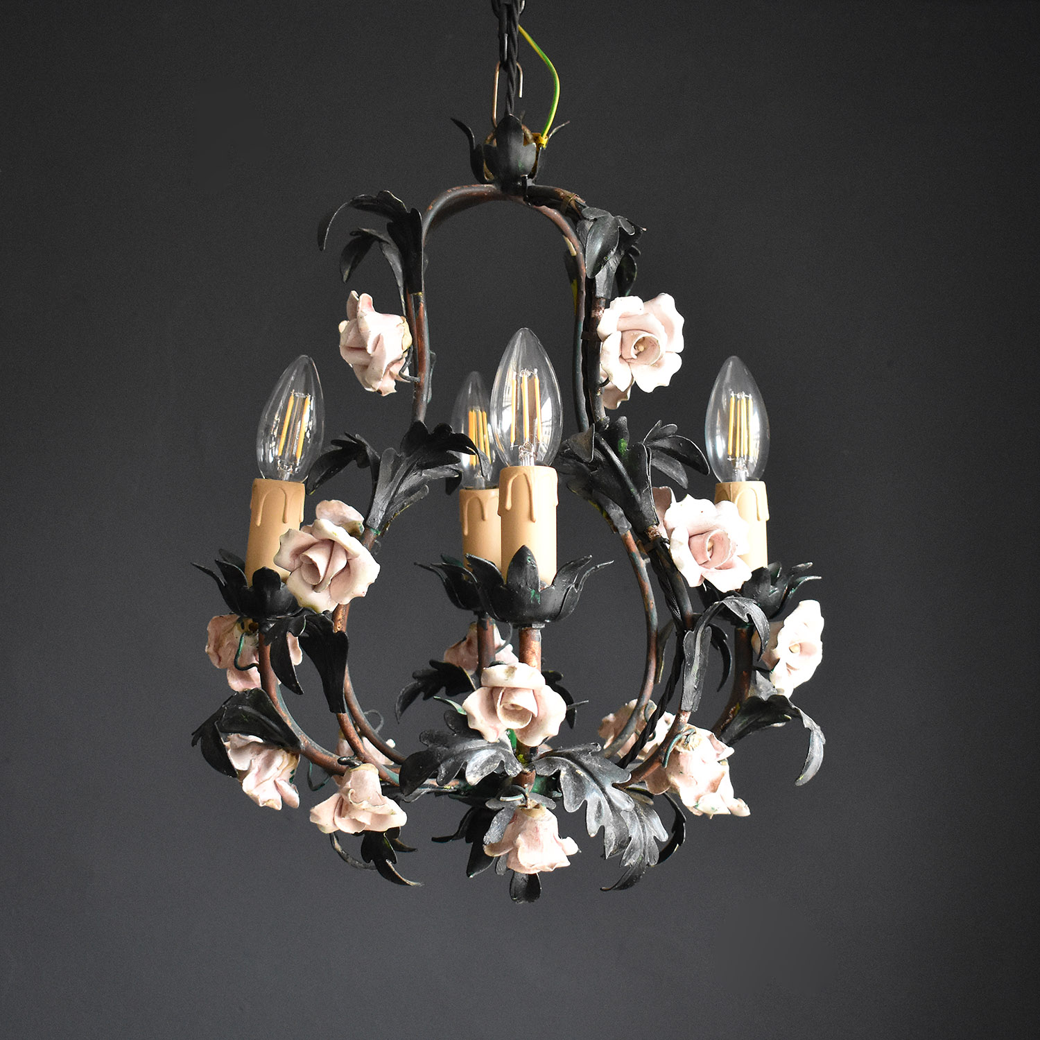 Italian Porcelain and Toleware Rose Chandelier 