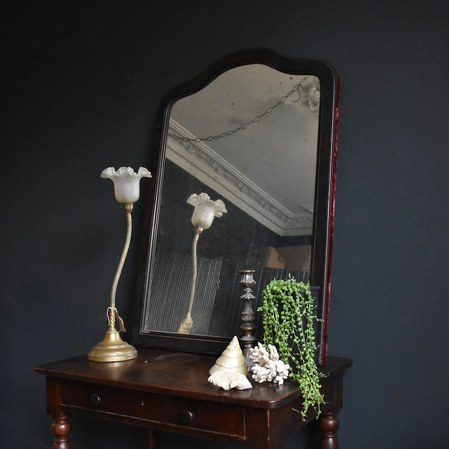 French Ebonised Boudoir Mirror with Velvet Trim, 19th Century