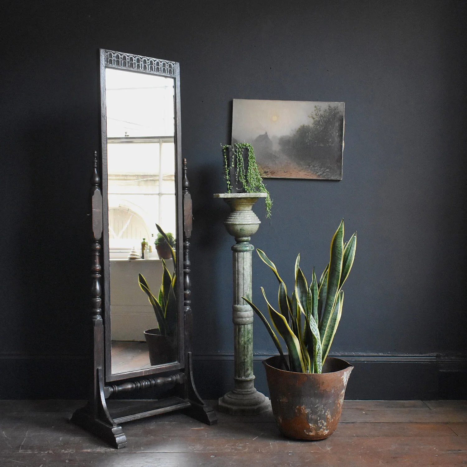 Oak Gothic Revival Full Length Cheval Mirror