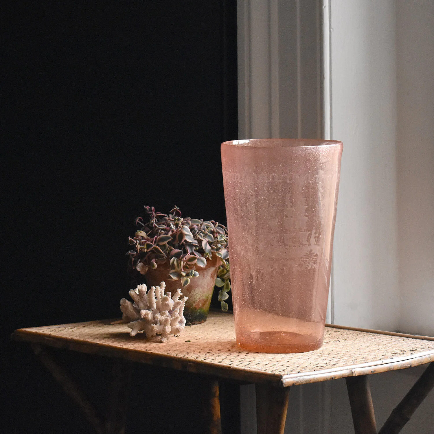 Dutch Pink Soda Glass Vase with Ship Engraving, 19th Century
