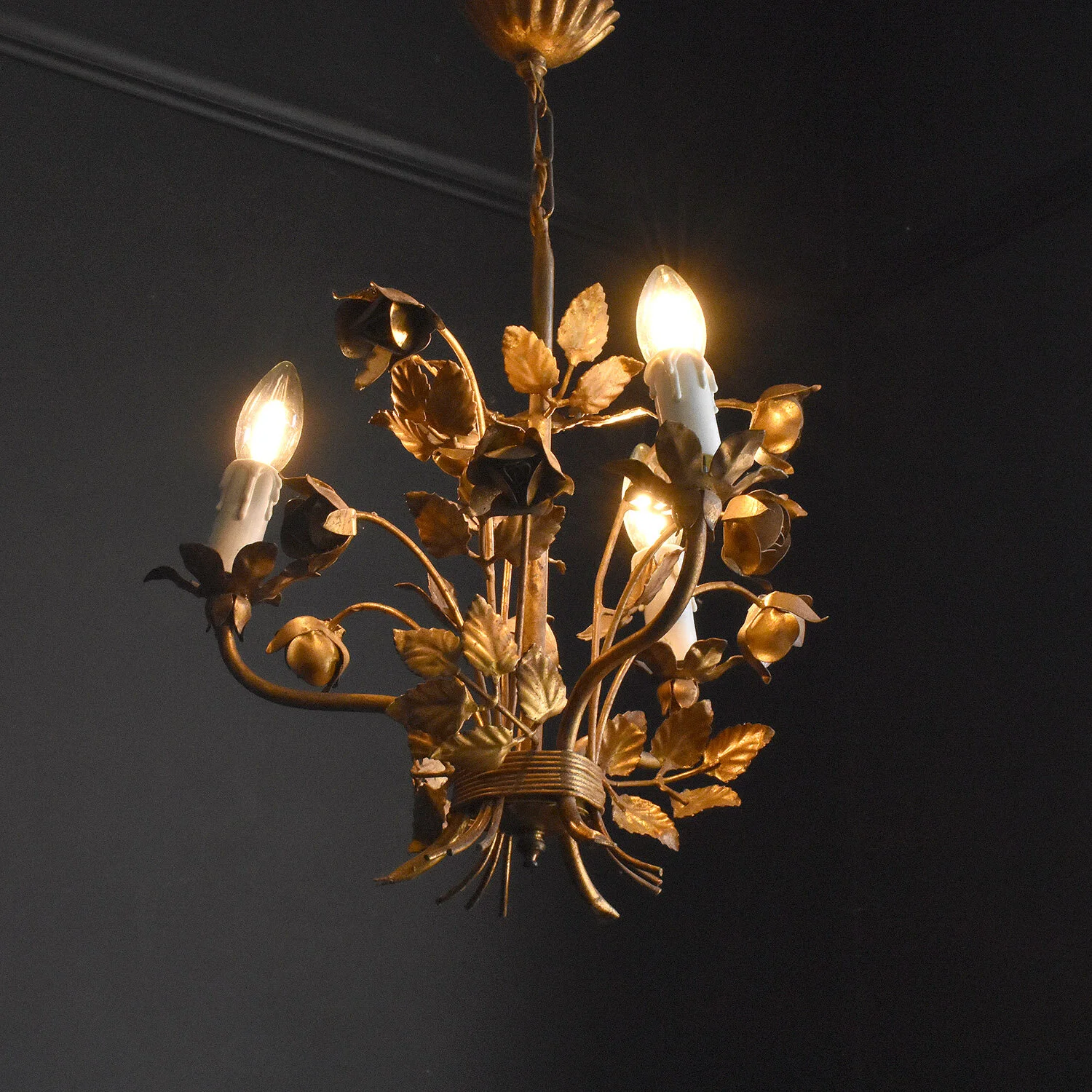 Pretty Gilt Toleware Rose Chandelier