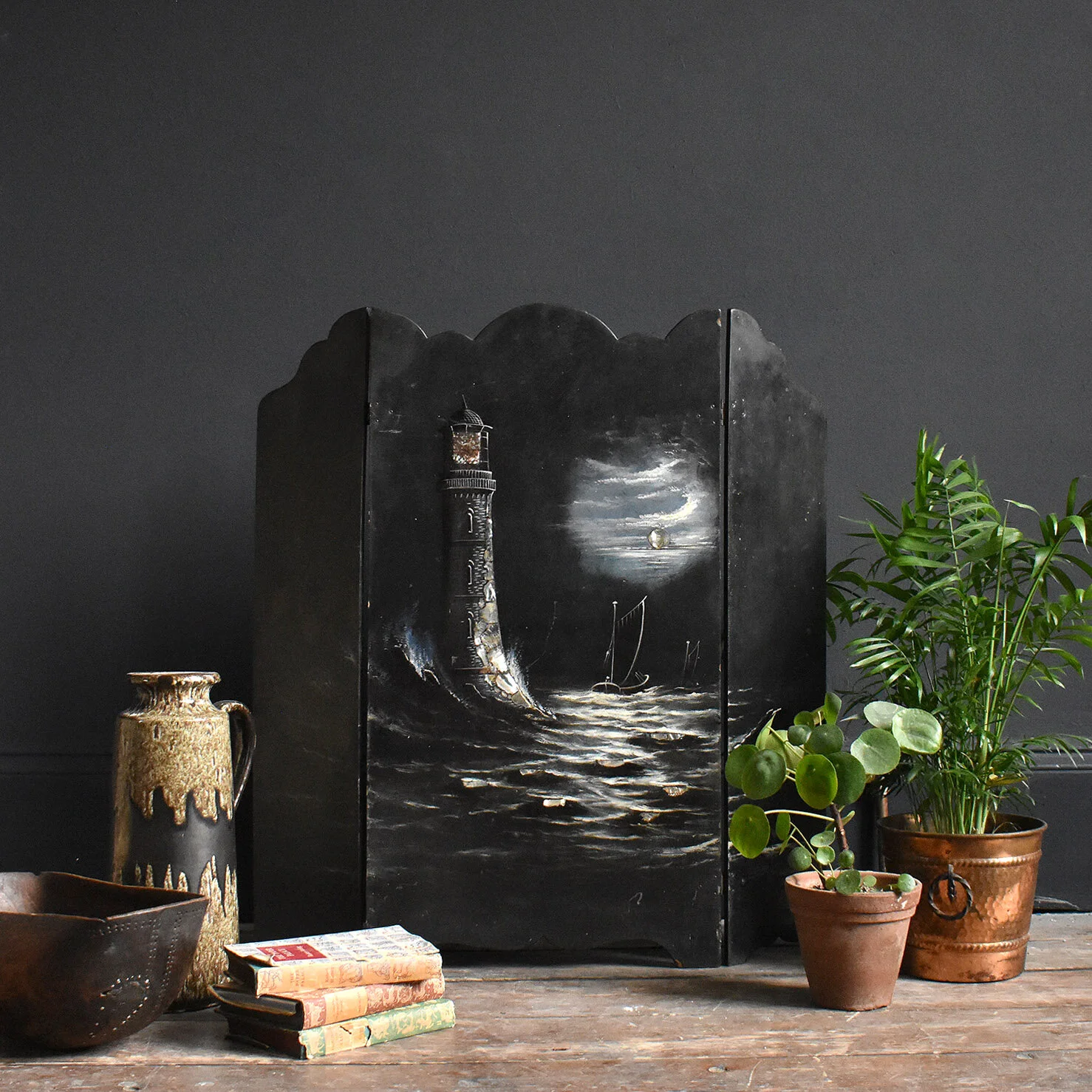 Victorian Lacquered Fire Screen With Lighthouse Seascape 