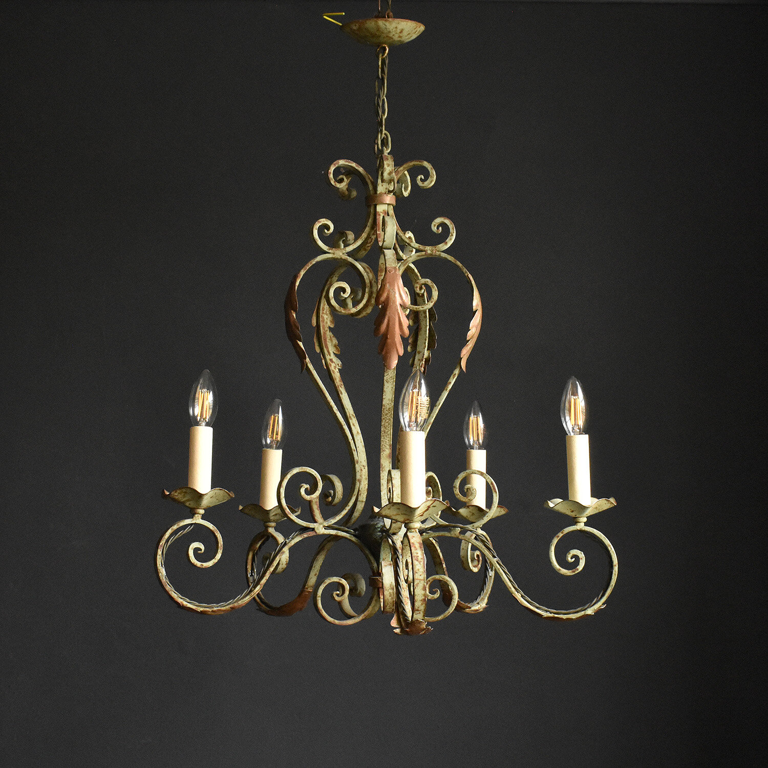 Painted French Wrought Iron and Tole Chandelier, Early 20th Century