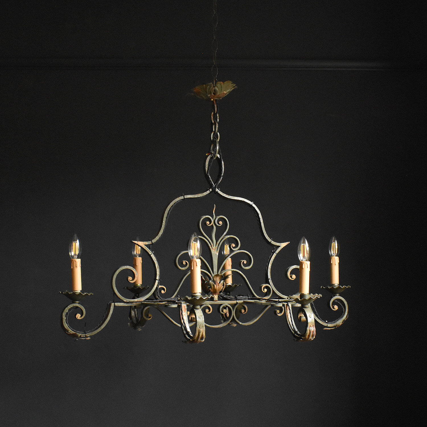 Wide Painted French Wrought Iron and Tole Chandelier
