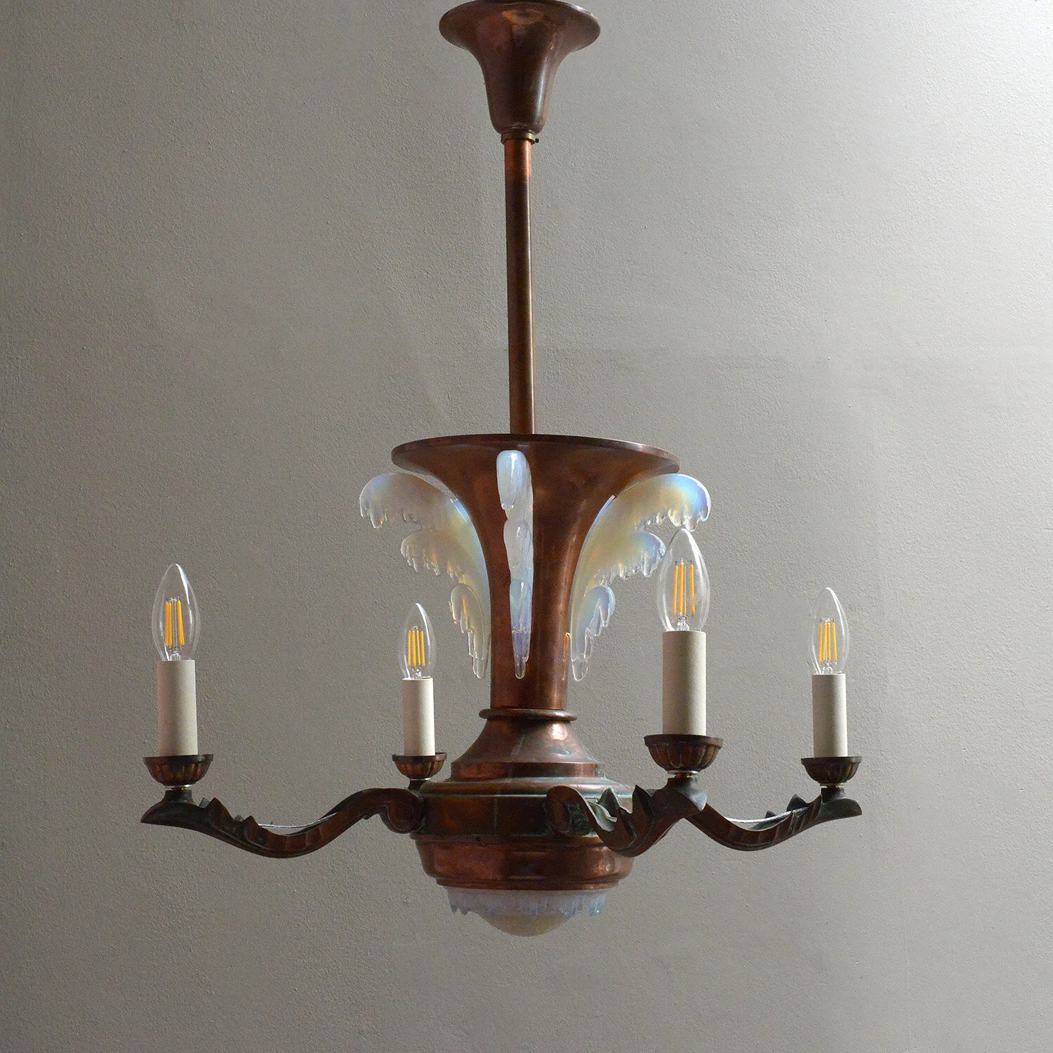 French Art Deco Copper Chandelier with Opalescent Glass by Ezan